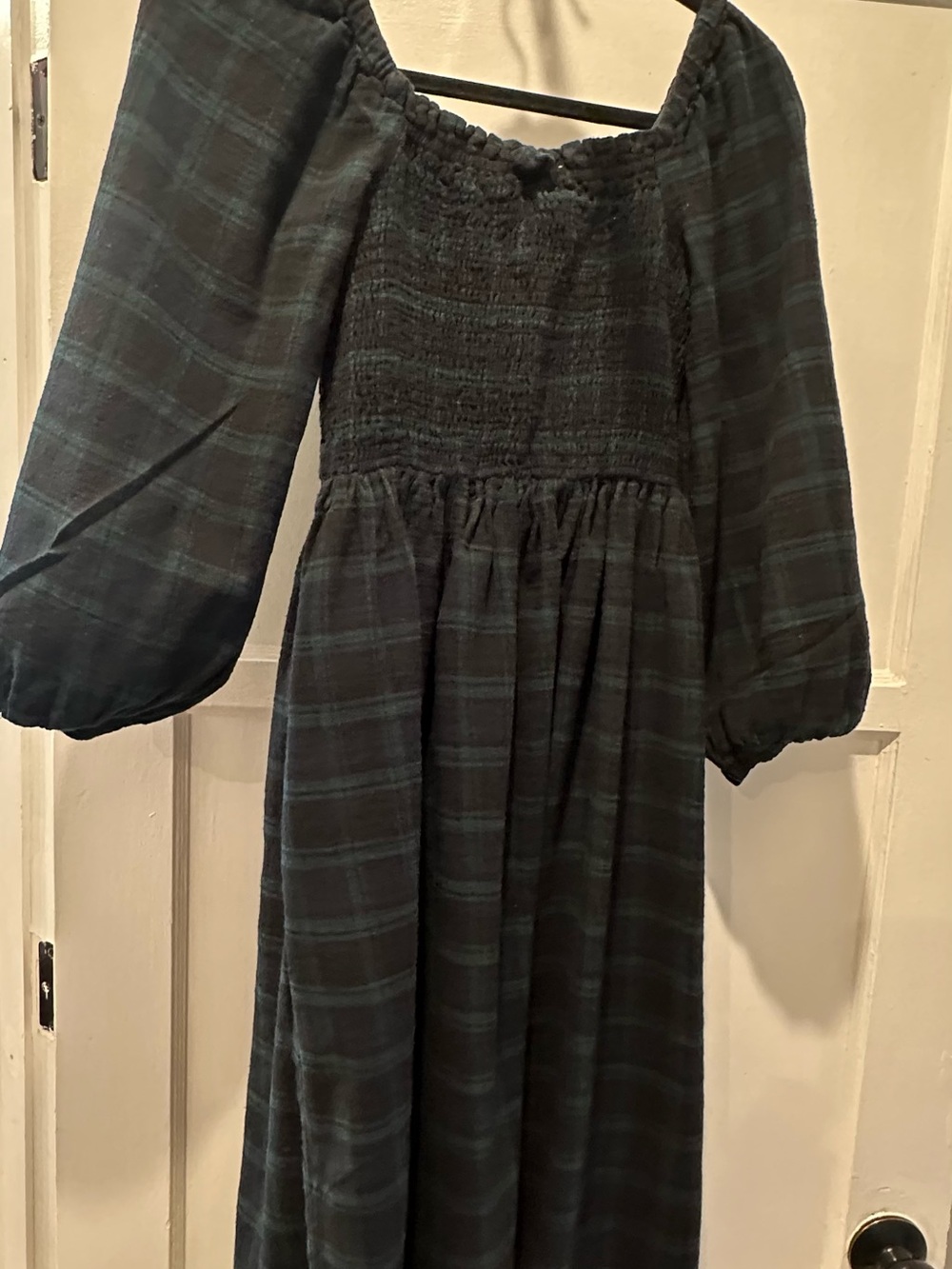 J. Crew Dark Green and Black Plaid Smocked Maxi Dress